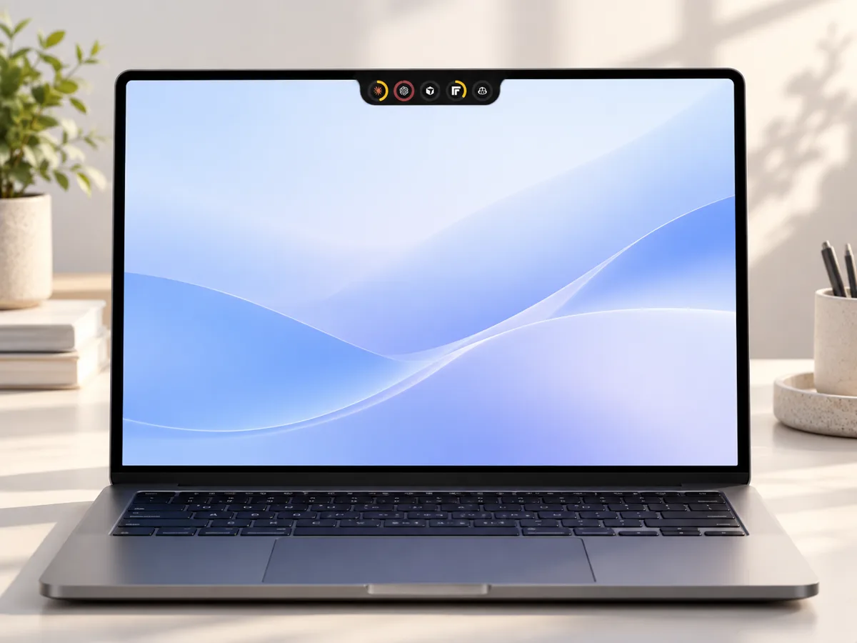 A laptop on a desk with the pill at the top of its screen.