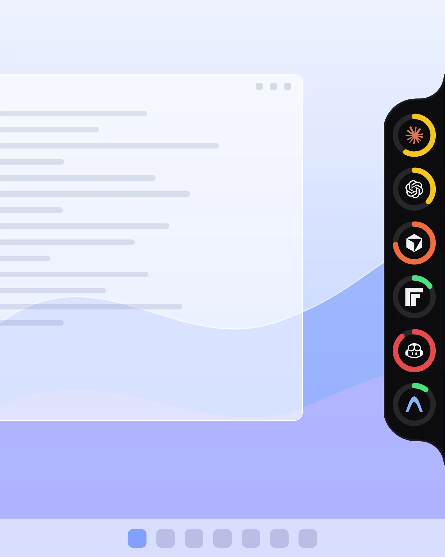 The pill resting on the right edge of a desktop, one small ring per tool.