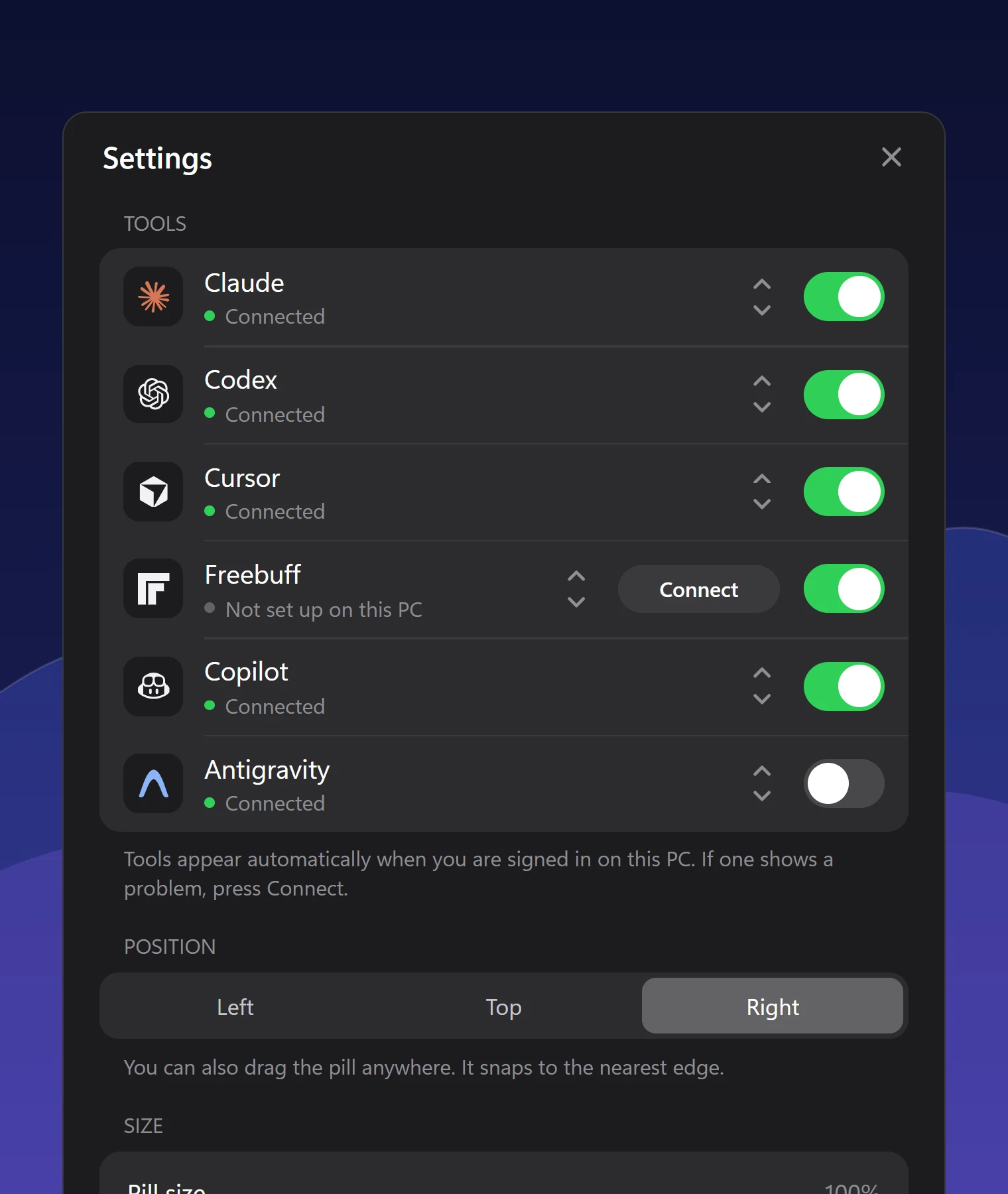 The settings window: a switch per tool, a Connect button, and Left, Top or Right position.